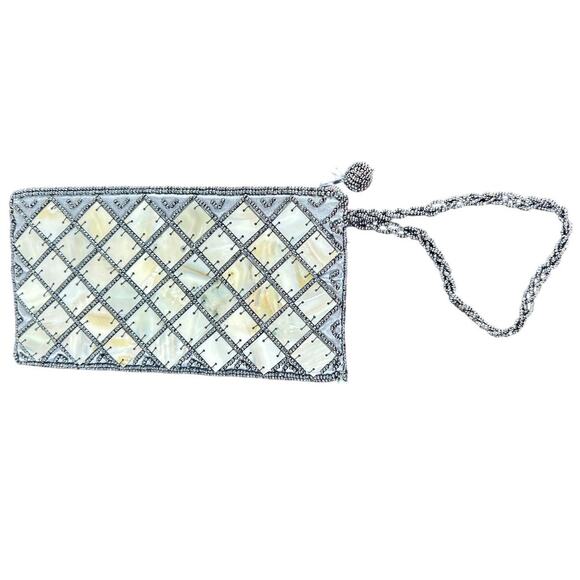 Blue bead details  ,other of pearl- details wristlet- clutch- zips preowned - Picture 3 of 6